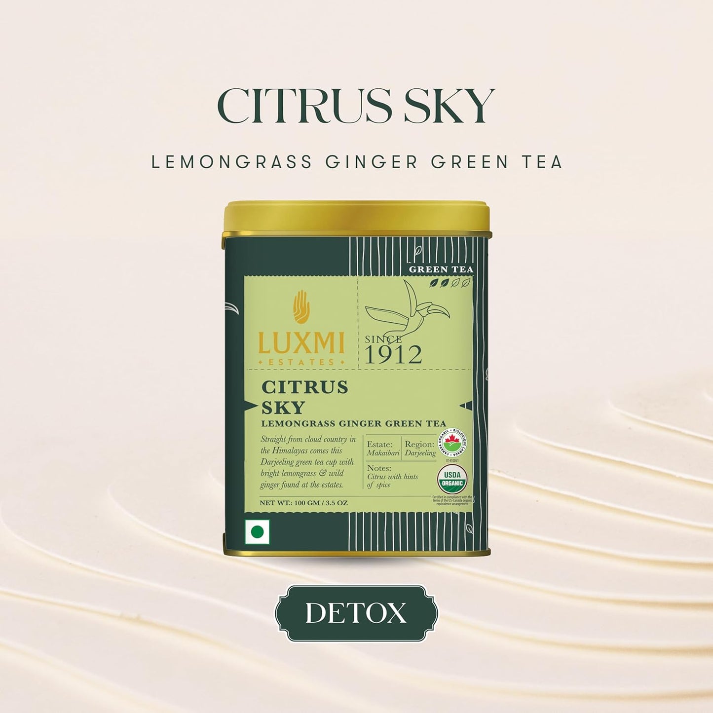Luxmi Estates Citrus Sky Green Tea 100gm Tin | Certified Organic Darjeeling Green Tea