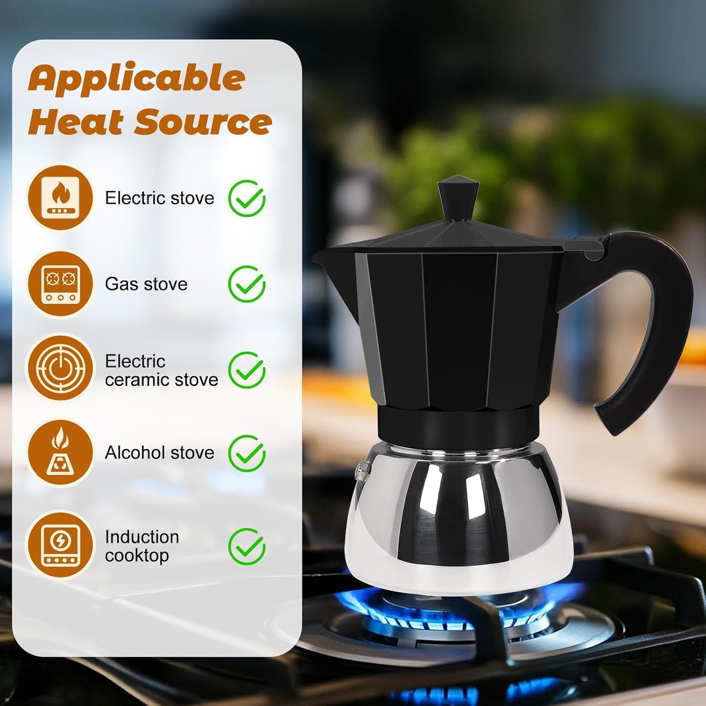 No Coating 6 Cup Aluminum and Stainless Steel Moka Pot Stovetop | Espresso Maker Italian Coffee Machine 350ml 11.84oz Suitable for Gas Induction Stovetop Greca Coffee Maker Black