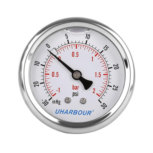 Glycerin Filled Vacuum Pressure Gauge -30HG/30PSI, 2-1/2" Clear dial Vacuum Gauge,1/4" NPT Back Connection, Stainless Steel