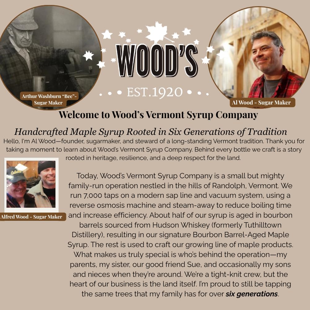 WOOD'S Vanilla Beaned Maple Syrup – Infused Vermont Maple Syrup with Real Vanilla Bean Pod | Smooth, Rich, All-Natural &amp; Vegan Sweetener | Perfect for Breakfast, Baking, Seafood, Popcorn &amp; More | 8.45 Fl Oz (250mL)