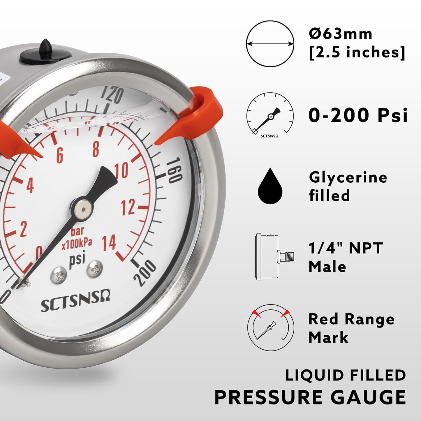 0 to 200 Psi Pressure Gauge, Liquid Filled, 1/4" NPT Back Mount