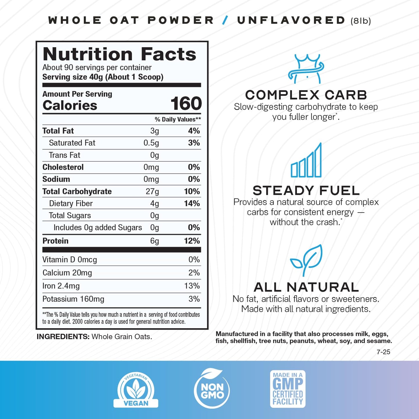 Muscle Feast Whole Oat Powder All Natural &amp; Complex Carb Oat Fiber | Unflavored (8lb) - Non-GMO, Vegan Powdered Oats Slow Digesting Carbohydrate Powder - Supports Steady Energy