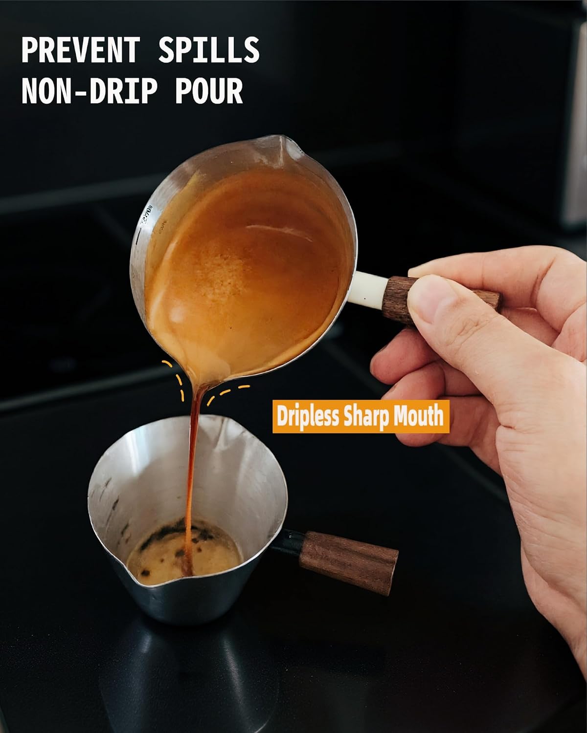 4oz Metal Espresso Shot Cups with Wooden Handle,Black | Espresso Measuring Cups, Double Spouts, Coffee Bar Accessories, Espresso Machine Accessories