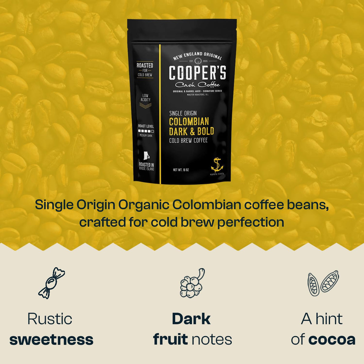 Colombian Dark Roast, Single Origin, Gourmet Organic Cold Brew Coffee Beans, Smooth Taste of Cocoa with Light Fruited Flavors, Cold Brew Coffee Grounds, 1 lb Coffee Bag