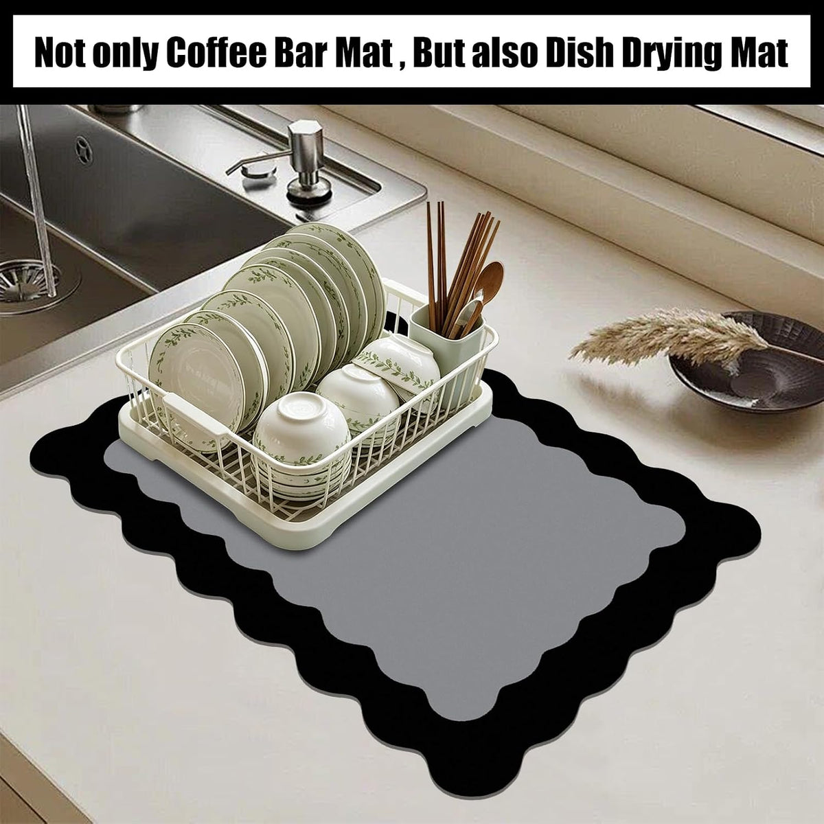 Black Scalloped Coffee Mat for Countertop Coffee Bar Mat Matt | Diatomite Absorbent Non-Slip Rubber Backing Coffee Staion Mats for Kitchen Counter, Kitchen Aesthetic Decor (12"x19", Black)