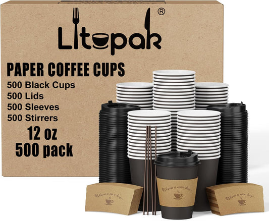 LITOPAK 500 Pack 12 oz Disposable Coffee Cup with Lids, Sleeves, and Stirring Sticks, Black To Go Paper Coffee Cups for