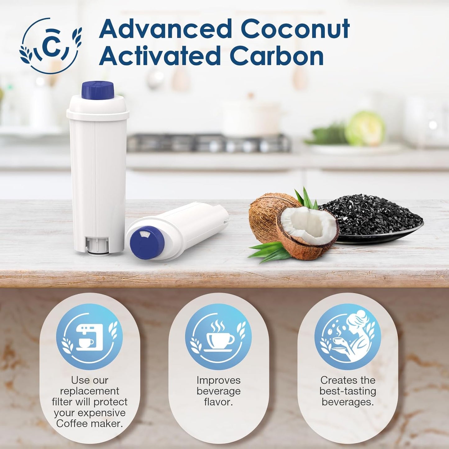 DLSC002 Water Filter Replacement For Delonghi Coffee Machine Filter | Activated Carbon Softener For De'longhi Magnifica evo, Dinamica, Eletta, ECAM, ESAM, ETAM, Bco410/420, Ec680/800, 2 Pack