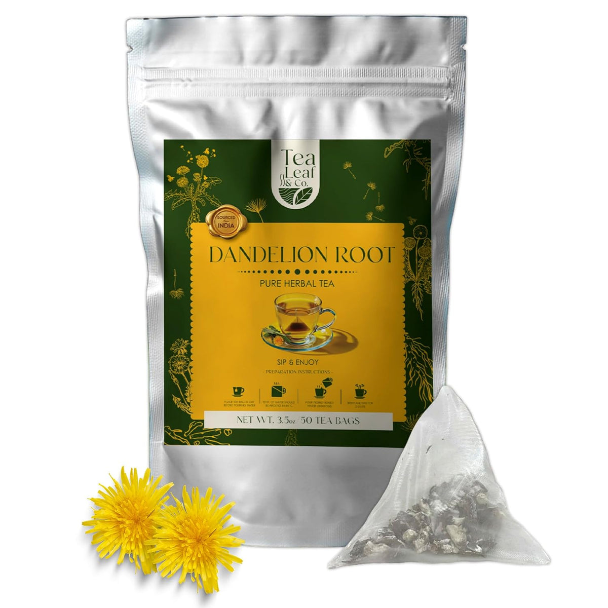 Dandelion Root Herbal Tea 100gm/3.5oz, Natural Herbal Infusion, 50 Tea Bags