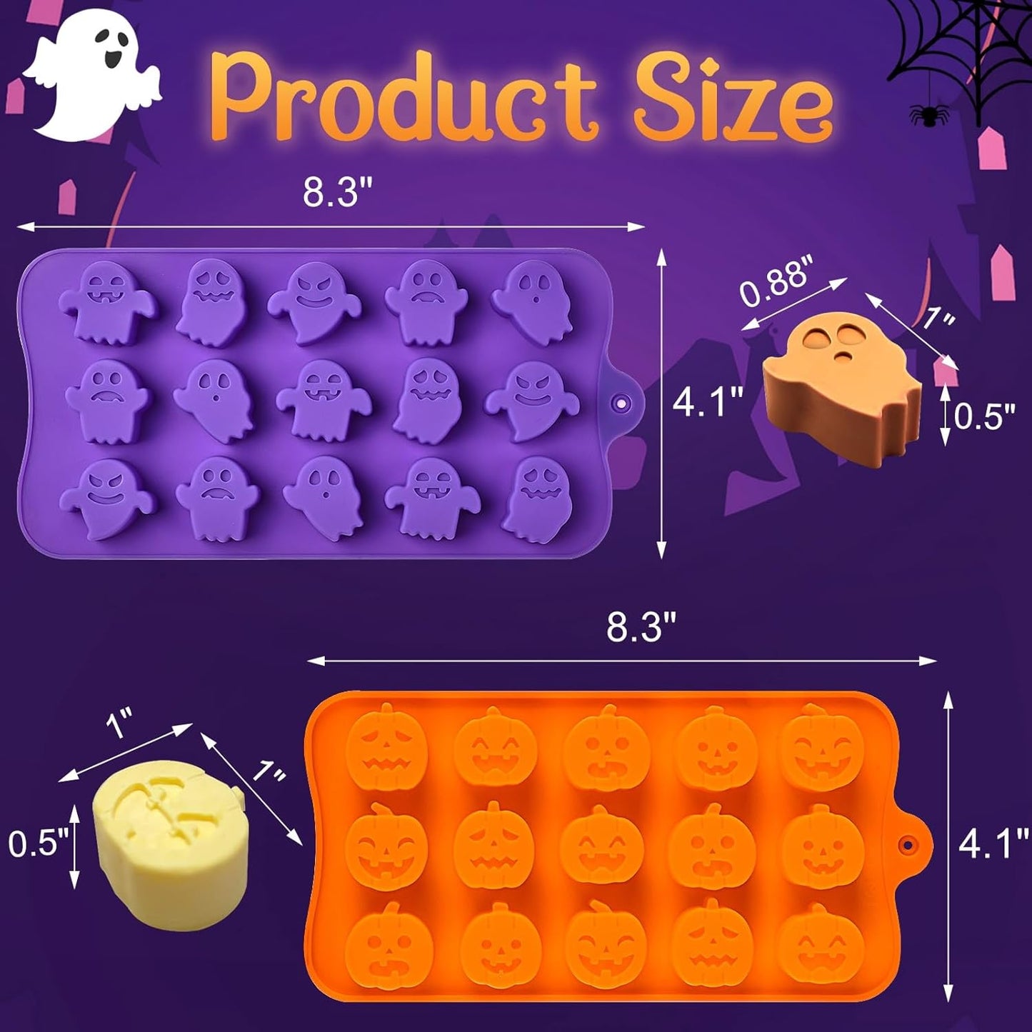 Joersh Halloween Chocolate Silicone Molds, 4PCS Pumpkin Ghost Shaped Candy Mold Non Stick Baking Pan for DIY Chocolate, Fondant, Jello, Gummy, Candy