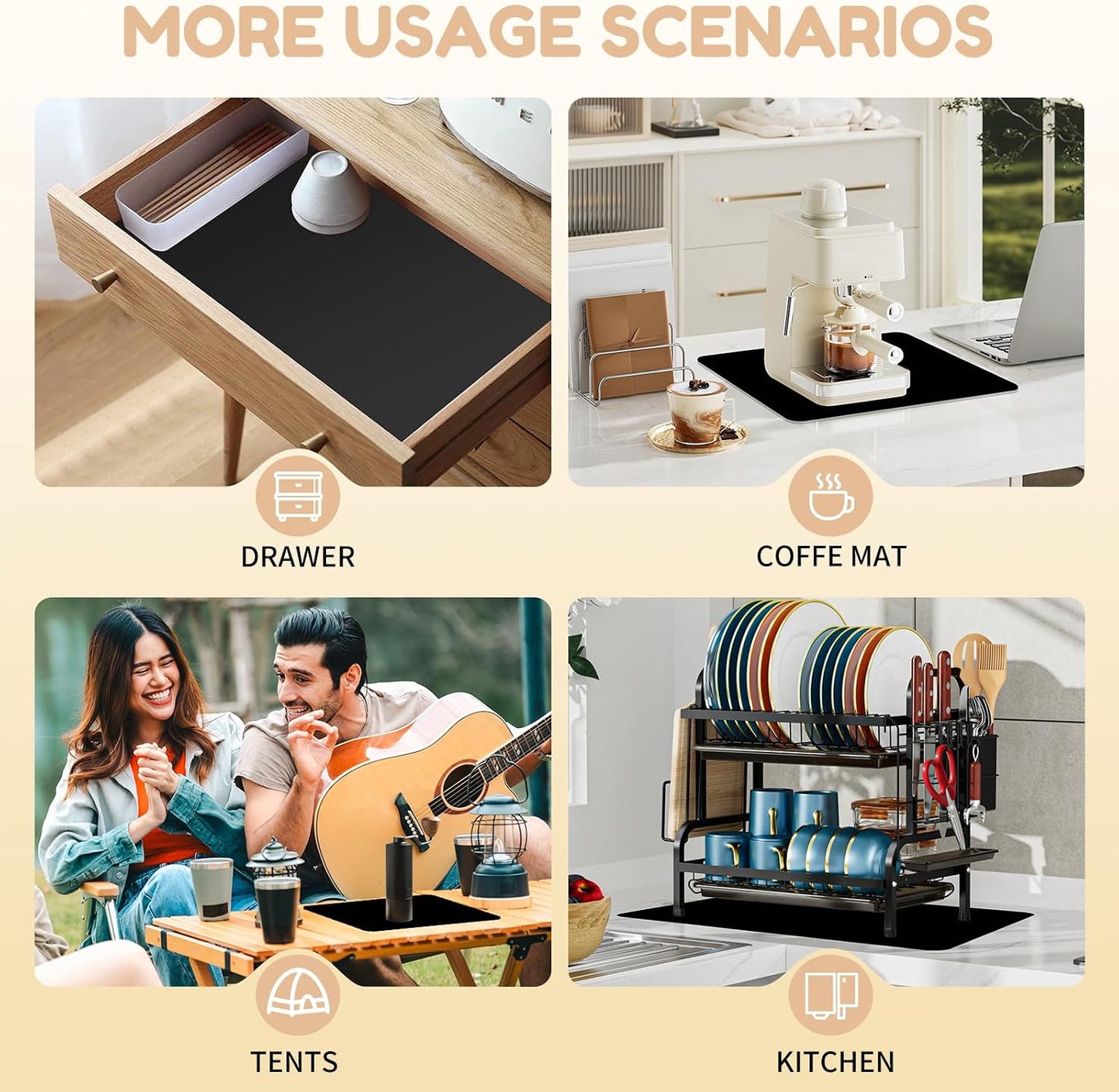 Coffee Mat Hide Stain Rubber (Black, 40cm×60cm), Coffee Bar Accessories Fit Under Espresso Machine CoffeeMaker Coffeepot, Backed Absorbent Dish Drying Mat for Kitchen Counter (Black, 16"x24")