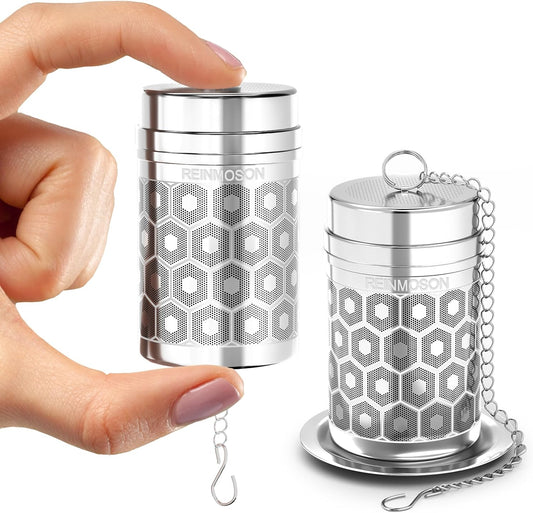 2 Pack Reinmoson Mini Stainless Steel Tea Strainer for Loose Tea 1.2”x2.2” | Extra Fine Mesh Tea Infuser for Loose Leaf Tea Steeper, Updated Slim Threaded Lid Tea Ball for Cup Mug Teapot Bottle Kettle