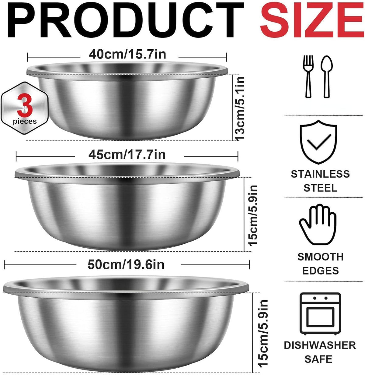 Set of 3 Extra Large Stainless Steel Mixing Bowls Large Mixing Container Easy to Clean, Nesting Bowls for Space Saving Storage for Cooking, Baking(201 Stainless Steel,13, 16, 20 Quart)
