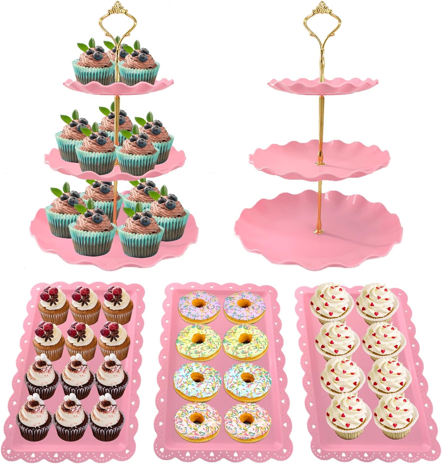 5 Pcs Dessert Table Display Set, Round Cupcake Stand, Pink