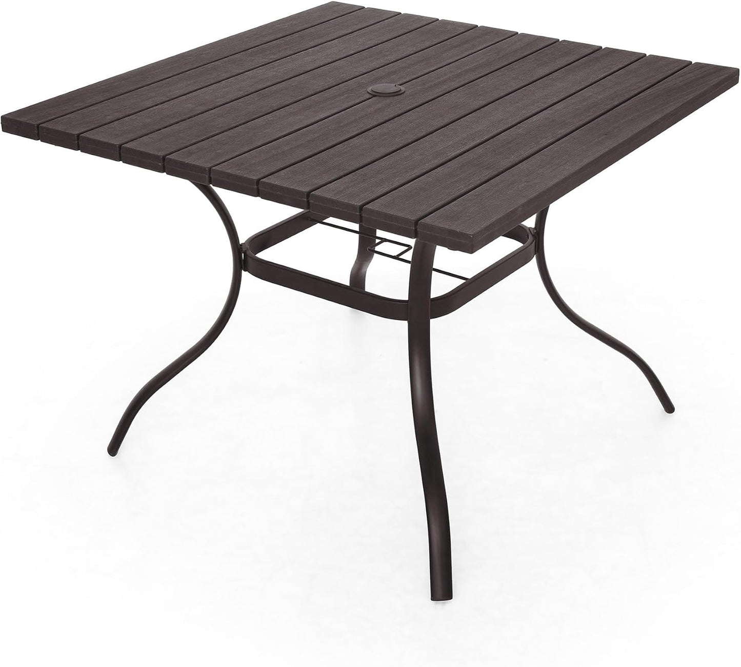 Anmutig 37" Outdoor Dining Table with 1.6" Umbrella Hole, Brown | Square Plastic Patio Table with Metal Steel Frame for
