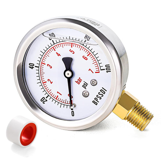 0-100 Psi Glycerin Liquid Filled Low Pressure Gauge, 2.5" Dial Size, 1/4" NPT Lower Mount, 304 Stainless Steel Case, for