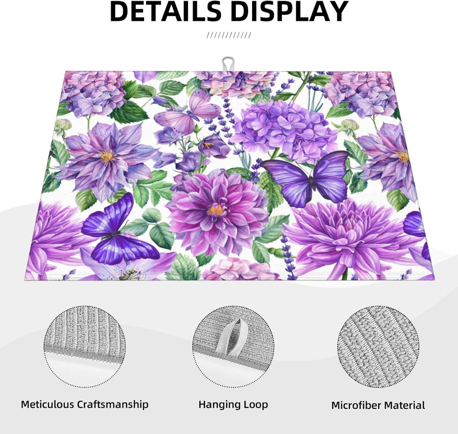 Purple Hydrangea Flowers Dish Drying Mat,Butterfly Floral Drying Rack Pad Countertop Dishes Ultra Absorbent Microfiber
