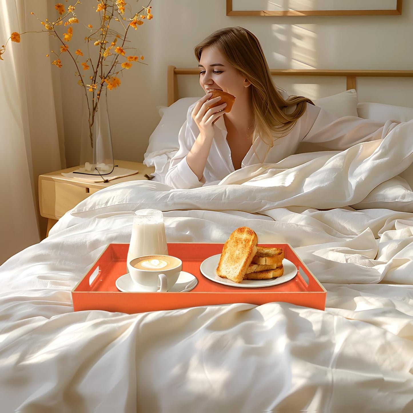 MAONAME Orange Decorative Tray for Coffee Table, Serving Tray with Handles | Plastic Melamine Tray, Modern Ottoman Tray, Rectangular Countertop Organizer Tray for Living Room, 15.8"L x 10.2"W x 1.4"H