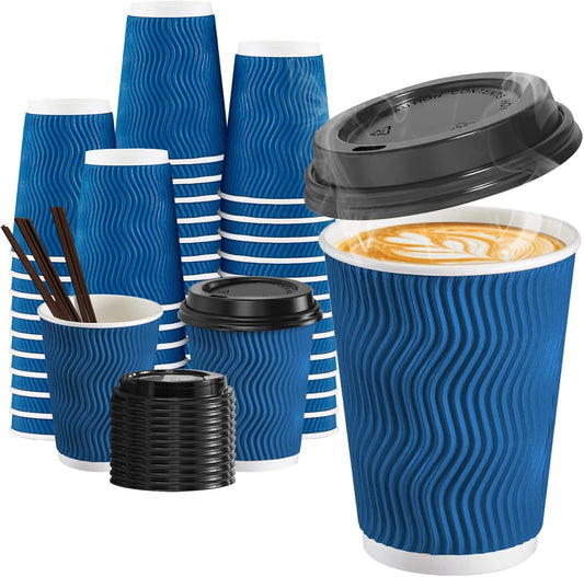 90 Pack 12 oz Disposable Coffee Cups with Lids and Straws, Insulated Ripple Wall To Go Paper Coffee Cups for Coffee, Hot