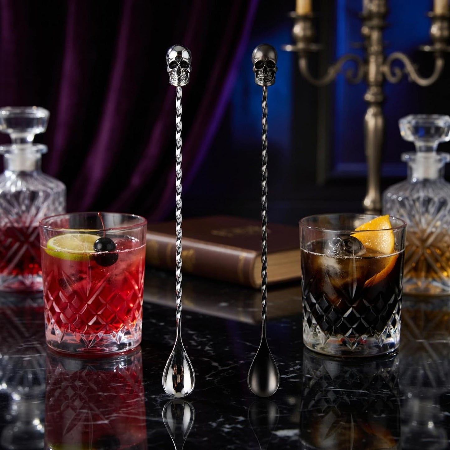 Homestia 12'' Gothic Skull Bar Spoon, Long Cocktail Mixing Spoon, Set of 2 | Dirty Soda Bar Supplies, Stainless Steel Coffee Bar Accessories, Halloween Drink Stirrers, Long Spiral Stirring Spoon