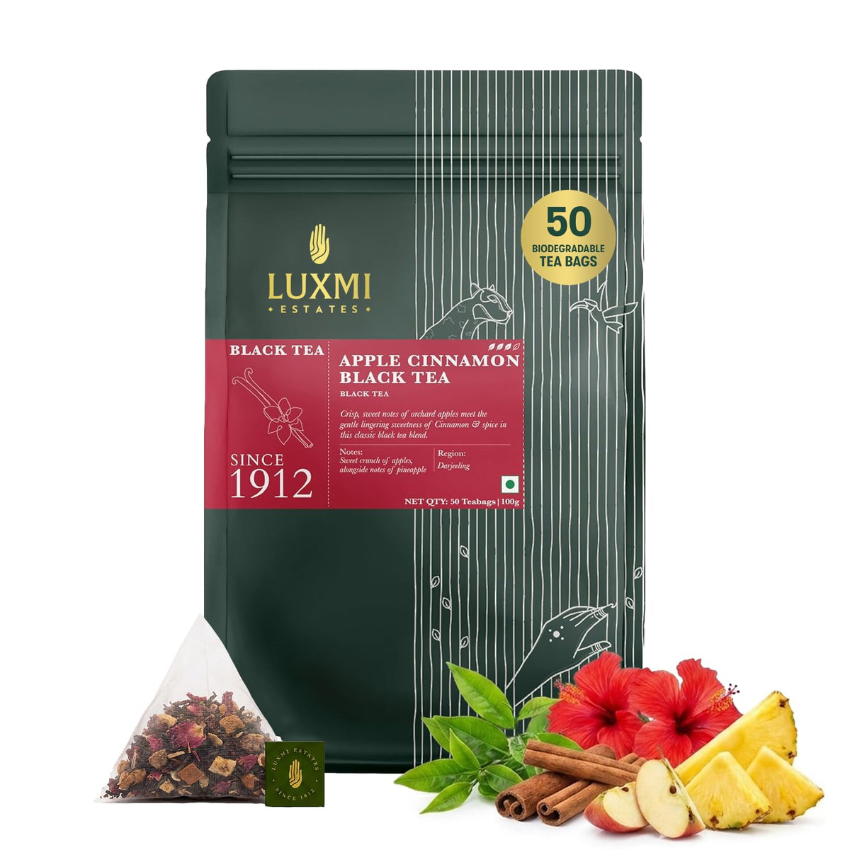 Luxmi Estates Apple Cinnamon Black Tea 50 Tea Bags (100g/3.52oz) Pack | USDA Certified Premium Black Tea | 50 Biodegradable Tea Bags