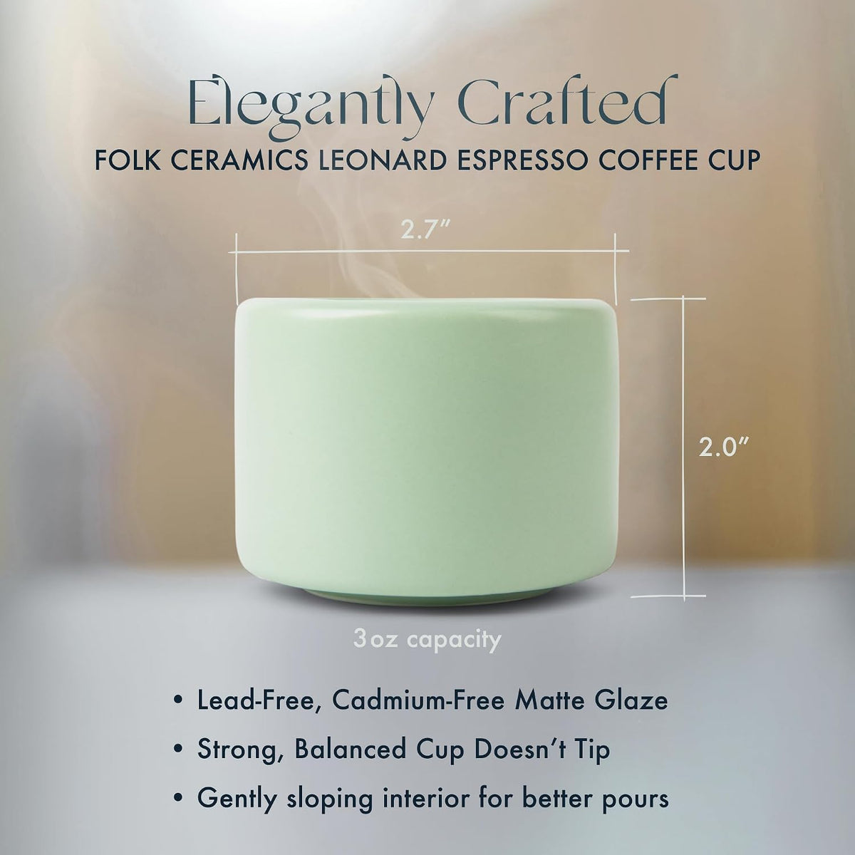 Folk Ceramics Leonard Ceramic Espresso Cups, Misty Green, 3oz, Set of 2 | Modern Stackable Demitasse Mugs, Double Walled, Handleless, Dishwasher &amp; Microwave Safe