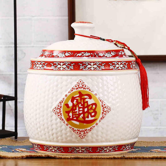 Chinese Sealed Large-Capacity Rice Pot, Ceramic Rice Bucket With Tassel Design, Grain Storage Ceramic Container