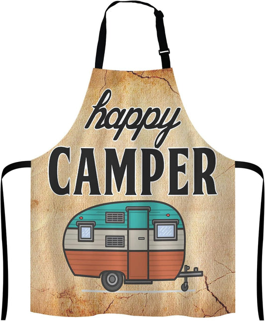 Happy Camper Apron for Women and Men, Adjustable Kitchen Chef Apron for Cooking Baking - Cute Birthday, Anniversary,