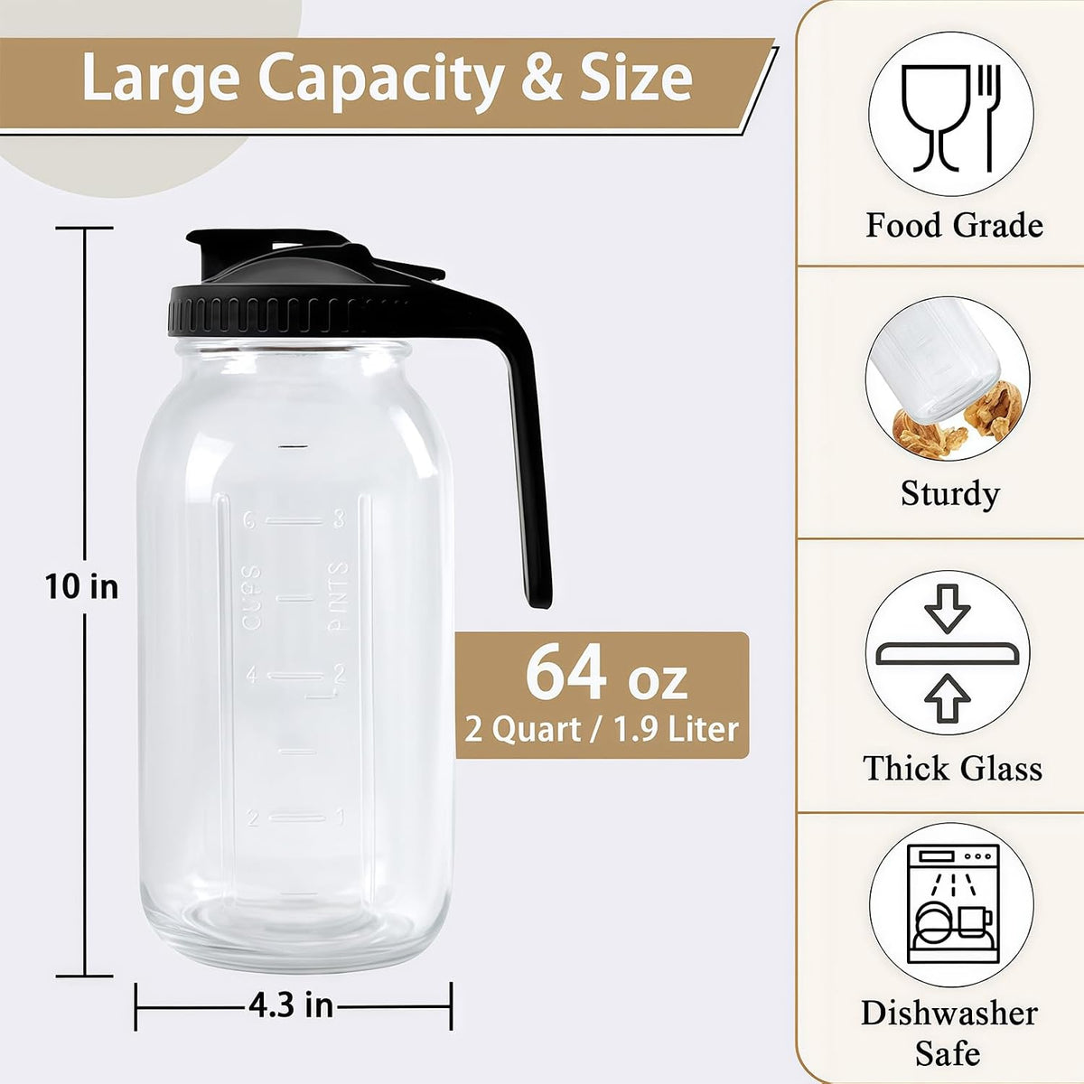 64oz Glass Pitcher Carafes With Handle and Lid, 2 Quart Mason Jar, Large Water Jug, Glass Containers for Fridge, Water Pitcher for Juice, Iced &amp; Sun Tea, Cold Brew Coffee, Homemade Beverage