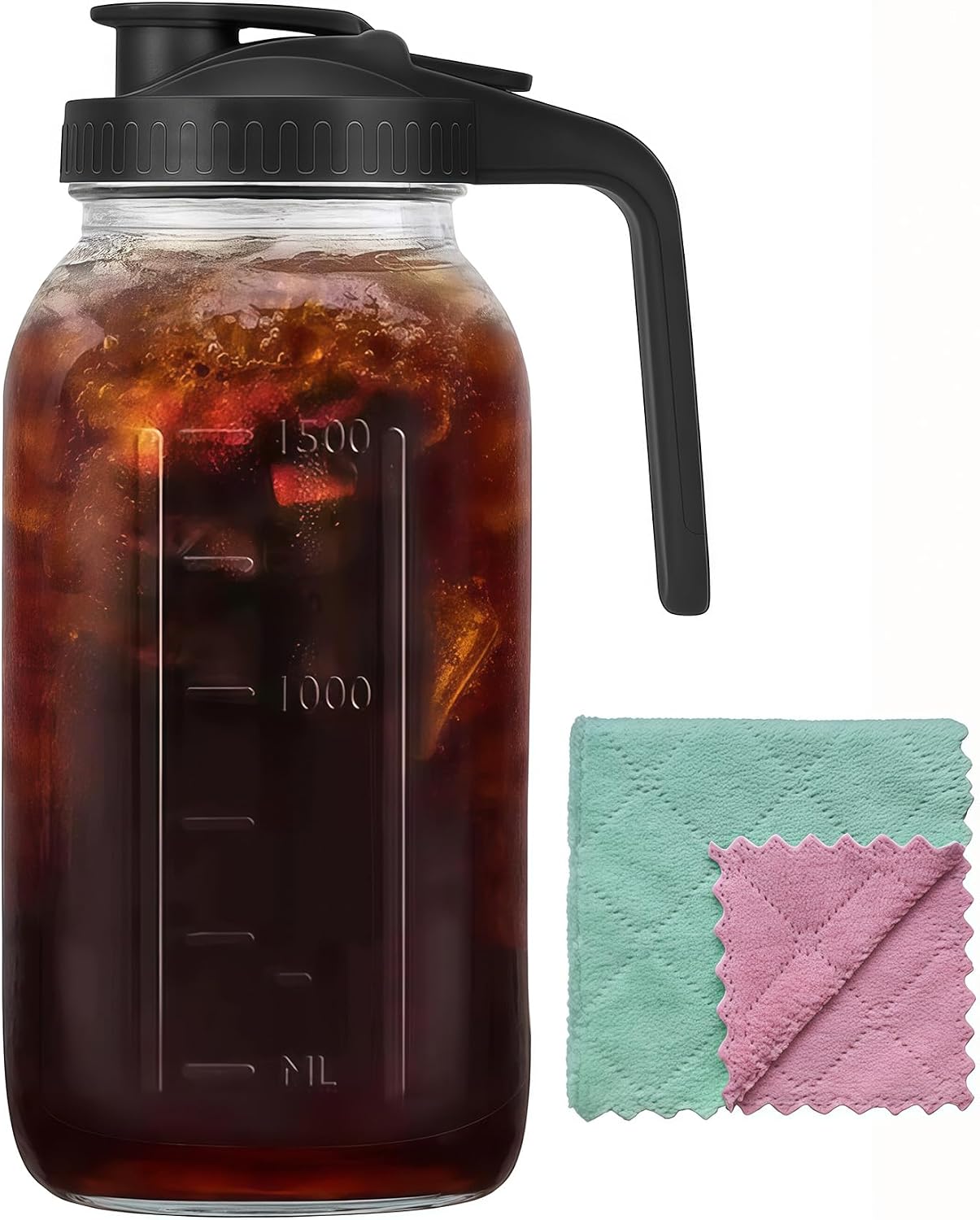 64oz Glass Pitcher Carafes With Handle and Lid, 2 Quart Mason Jar, Large Water Jug, Glass Containers for Fridge, Water Pitcher for Juice, Iced &amp; Sun Tea, Cold Brew Coffee, Homemade Beverage