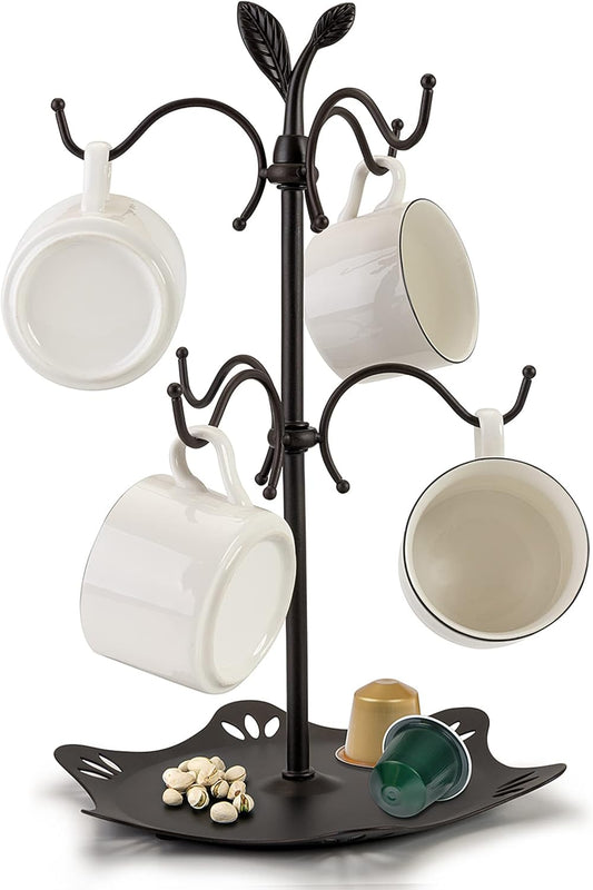 Coffee Mug Holder for Large Mugs, Mug Tree for Counter, Cup Holder for Countertop, Mug Rack with Tray, Metal Mug Tree with 6