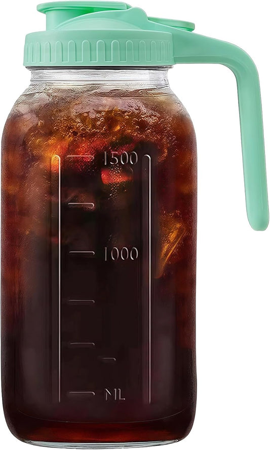 64oz Glass Pitcher with Handle and Lid, 2 Quart Mason Jar Pitcher - Airtight & Leakproof Water Jug with Pour Spout Lid,
