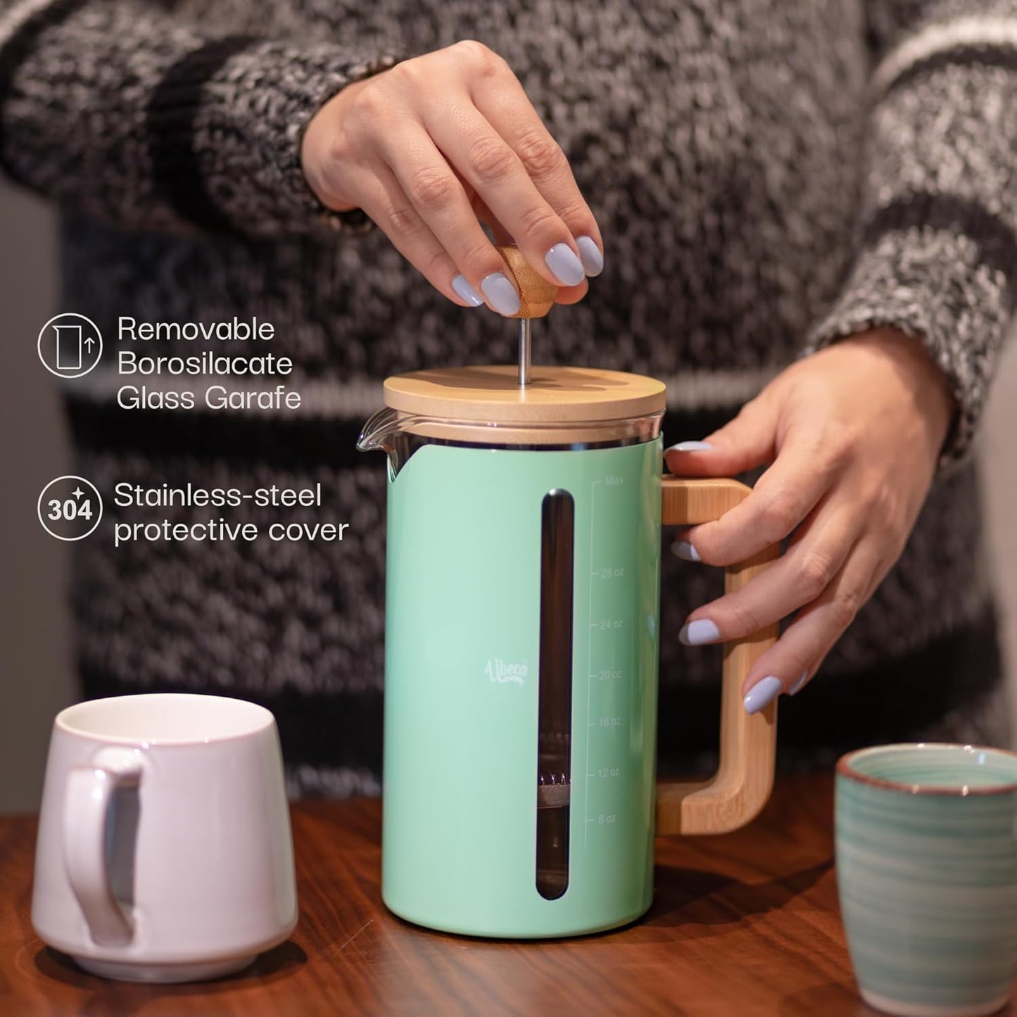 French Press Coffee Maker - 34 oz large Coffee Press with Bamboo Wood Handle, mint green, Heat Resistant Thick Borosilicate Glass carafe, 2 Layer Filter, Stainless Steel Long-lasting easy to use