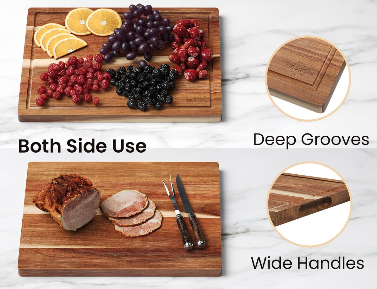 Fibogollo Set of 3 Large Acacia Wood Kitchen Cutting Boards with Holder