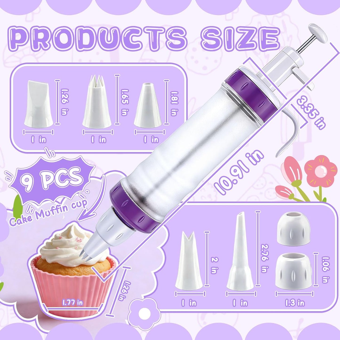 JAYVAR Dessert Decorating Syringe Set, Icing Dispenser Tool | Dessert Decorator Pro, 7 Icing Nozzles, 9 Silicone Cake Cup, Cake Decorating Gun for Frosting Cream