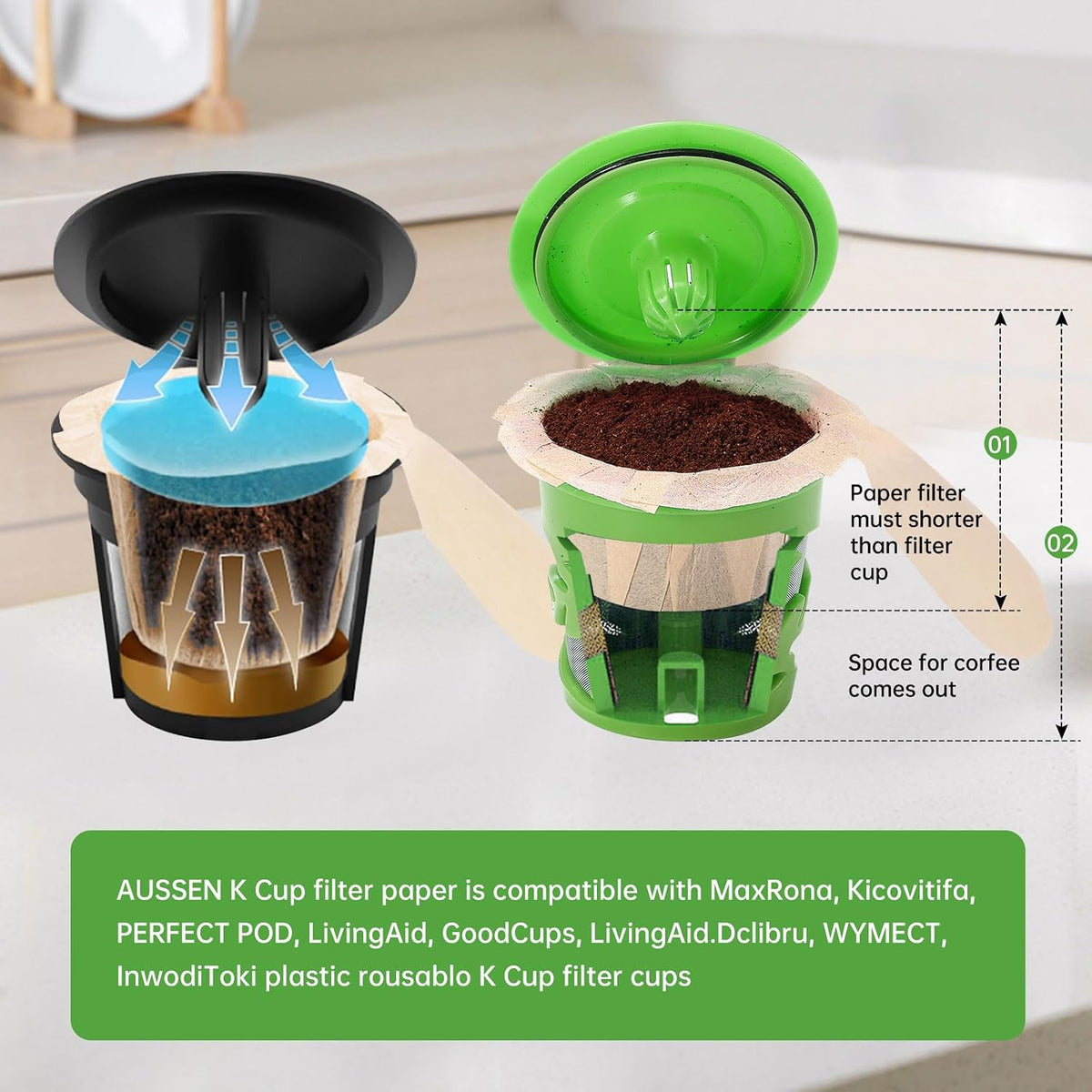 Aussen Disposable Coffee Paper Filters, Fits All Reusable K-Cup Coffee Pods | Replacement Kerig Filter, Works with Keurg Brewers Reusable Single Serve 1.0 &amp; 2.0, Tear Resistant, Natural with Lid, 200 Ct
