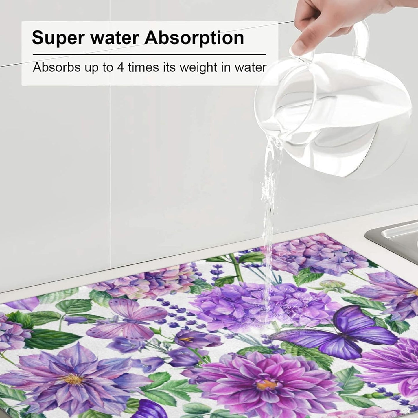 Purple Hydrangea Flowers Dish Drying Mat,Butterfly Floral Drying Rack Pad Countertop Dishes Ultra Absorbent Microfiber