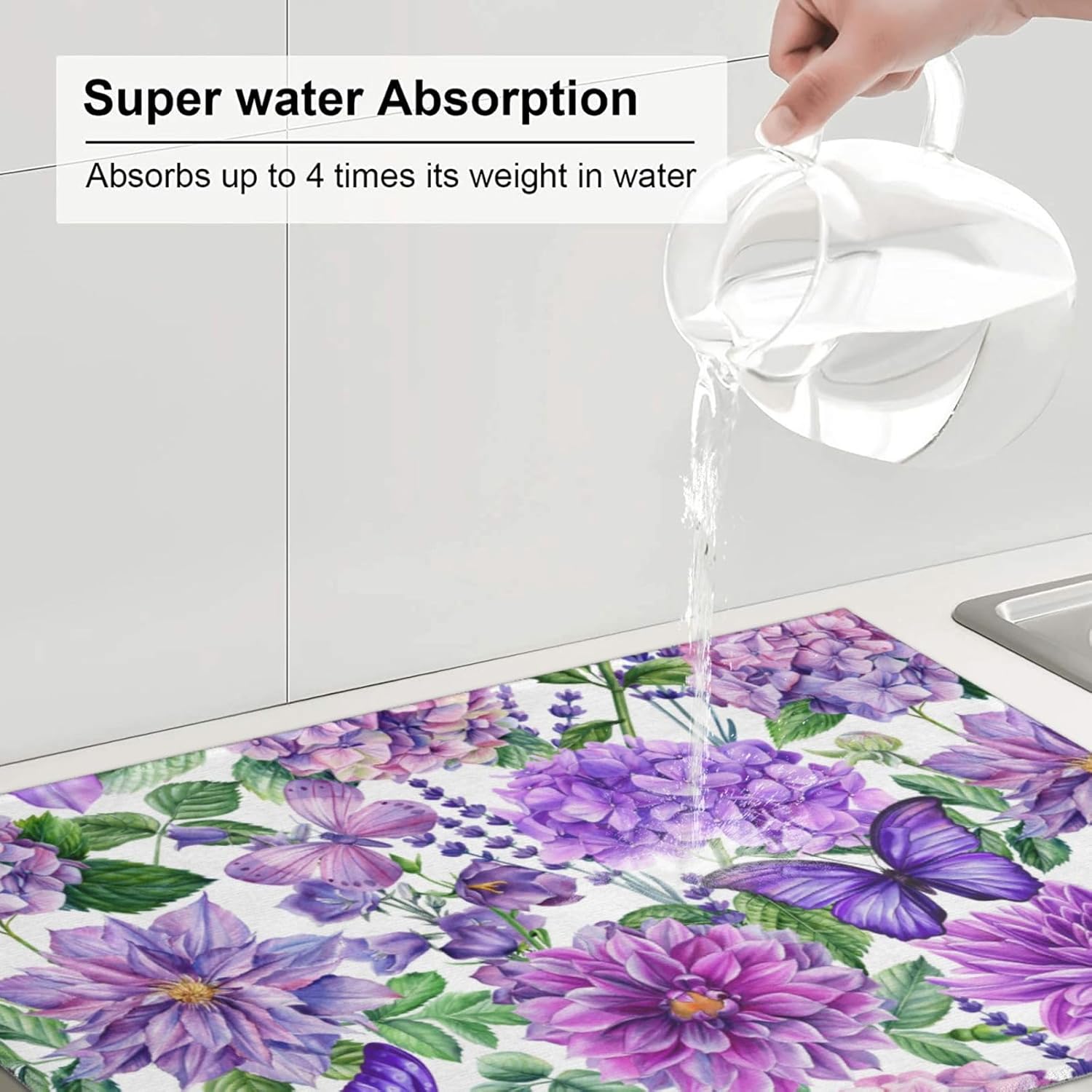 Purple Hydrangea Flowers Dish Drying Mat,Butterfly Floral Drying Rack Pad Countertop Dishes Ultra Absorbent Microfiber
