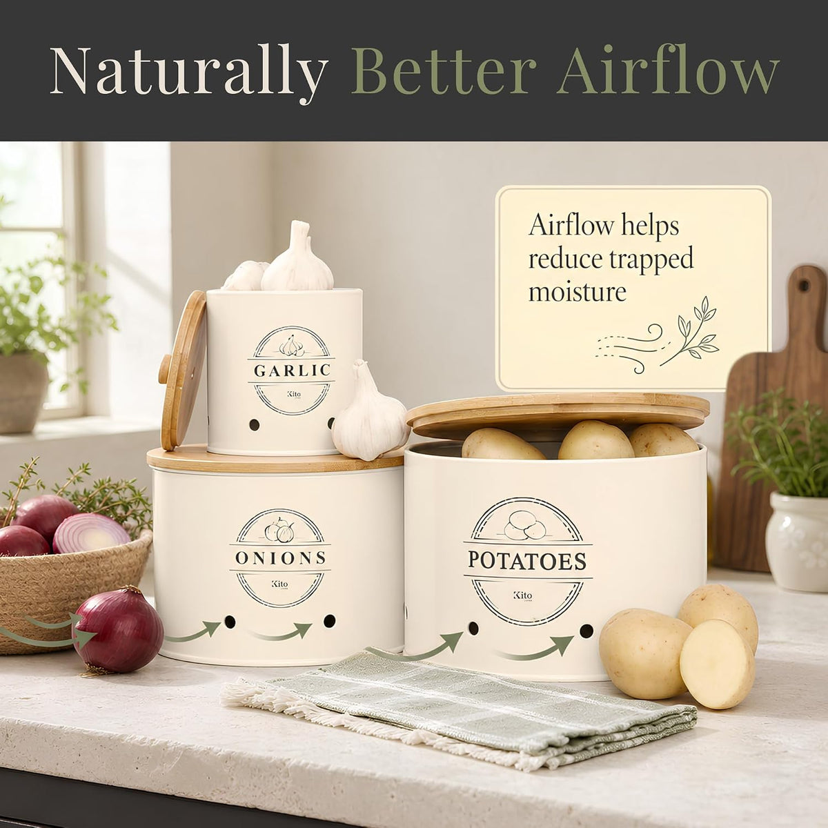 Canister Sets for Kitchen Counter with Wooden Bamboo Lids, Kitchen Canisters for Countertop, Stackable Steel Farmhouse Canisters for Potato Storage, Onion and Potato Storage Bins - White