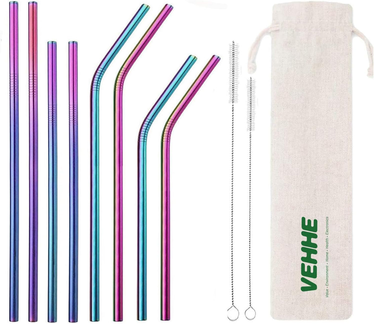 VEHHE Rainbow Stainless Steel Straws, 8 Pack, Cleaning Brush, 20 oz