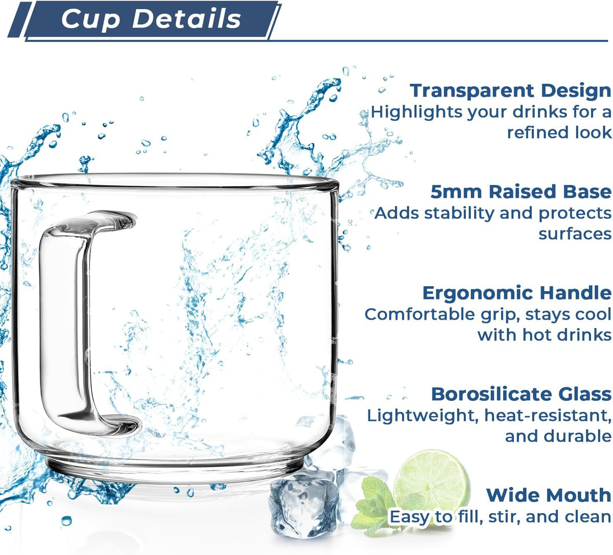 Aquach 18oz Large Clear Glass Coffee Mugs Set of 2 - Serve as General Drinking Glasses for Water, Coffee, Tea, and Juice