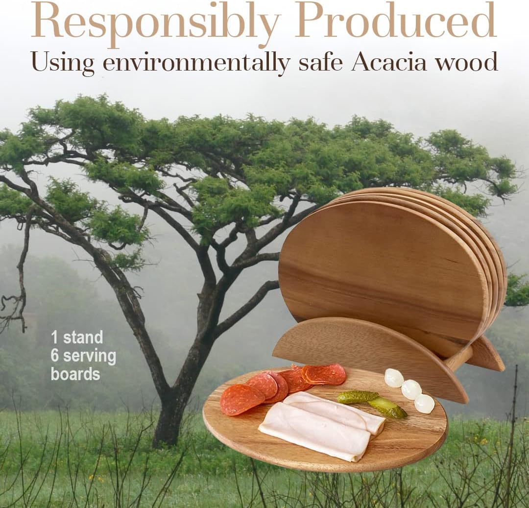 Woodard &amp; Charles Acacia Wood 6 Serving Boards with Stand, 7 Piece Set
