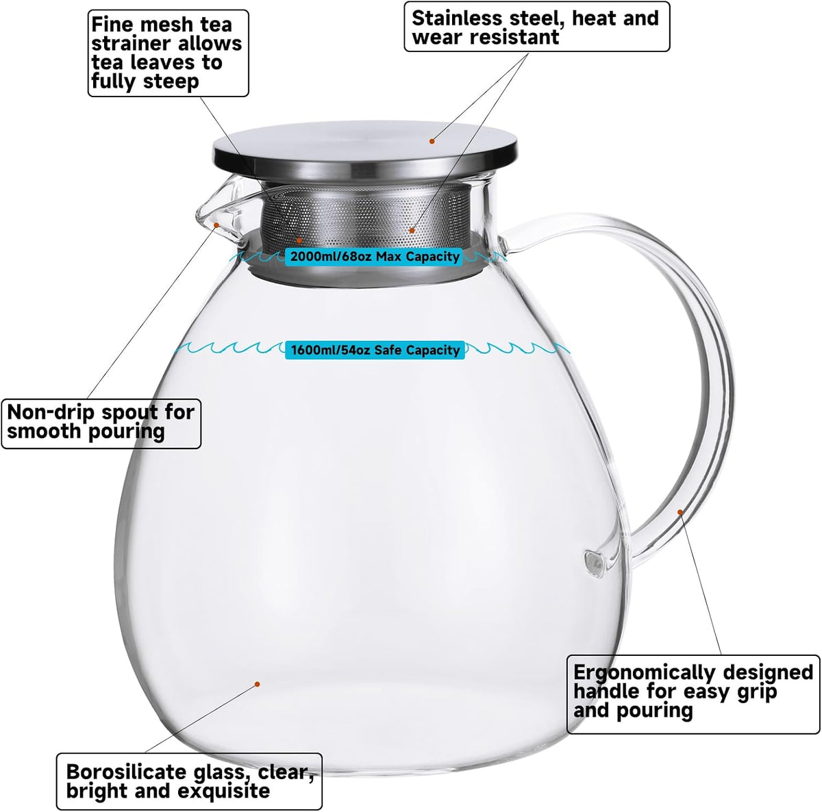 68OZ/2000ML One Touch Glass Teapot with Stainless Steel Filter Lid, Stovetop &amp; Microwave Safe Tea Maker Water Kettle, Strainer &amp; Cover 2 in 1 Loose Leaf Tea Steeper Pot Coffee Carafe