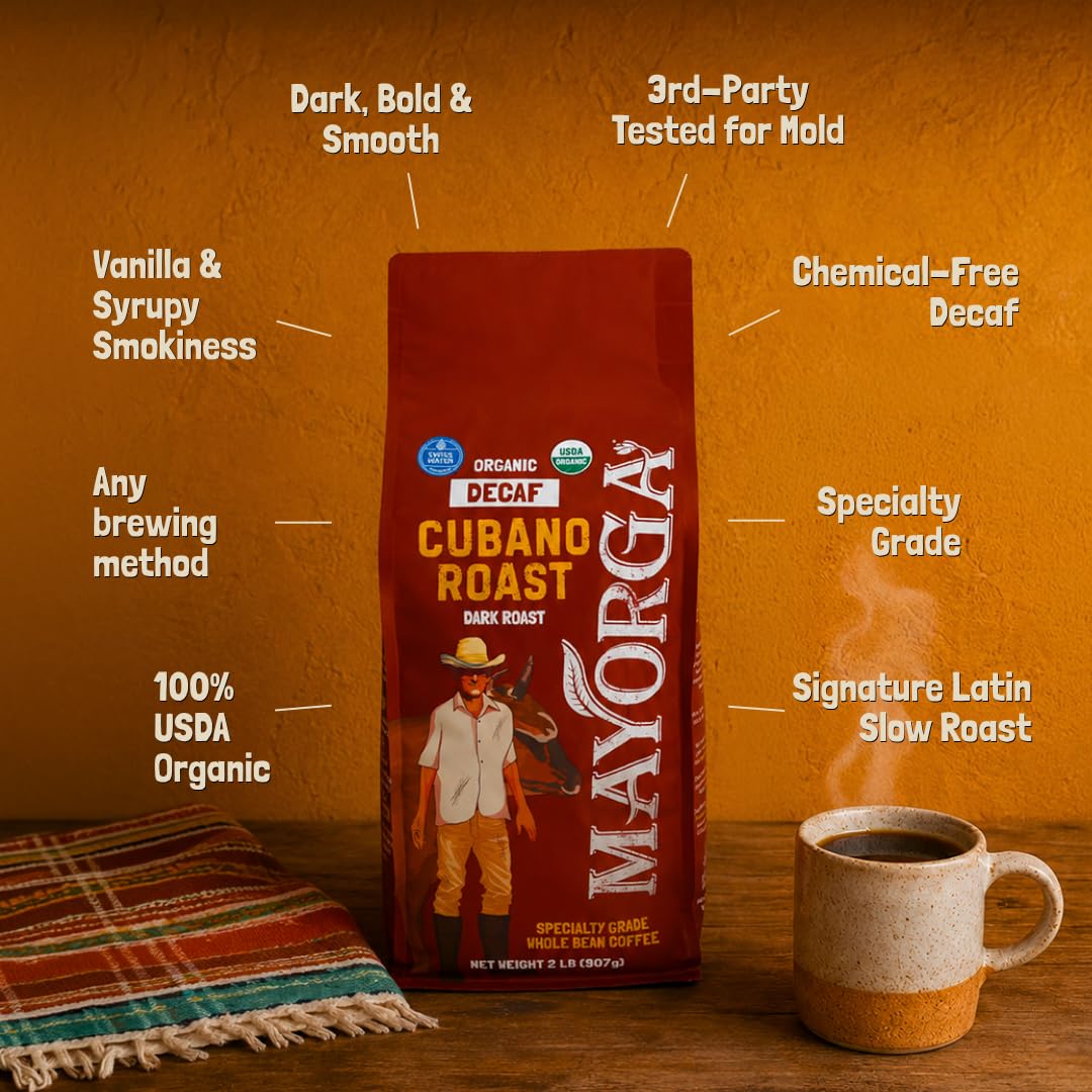 Mayorga Decaf Coffee 2lb Bag Dark Roast Organic Swiss Water Decaffeinated Cubano Roast Coffee - 100% Arabica Whole Coffee