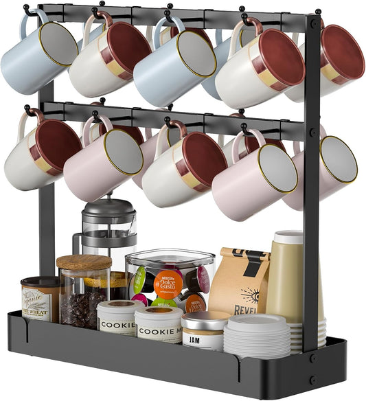 RCHYFEED Countertop Coffee Cup Holder, Aluminum Alloy Mug Holder Organizer with 16 Movable Hooks, 2 Tier Mug Tree Stand Rack