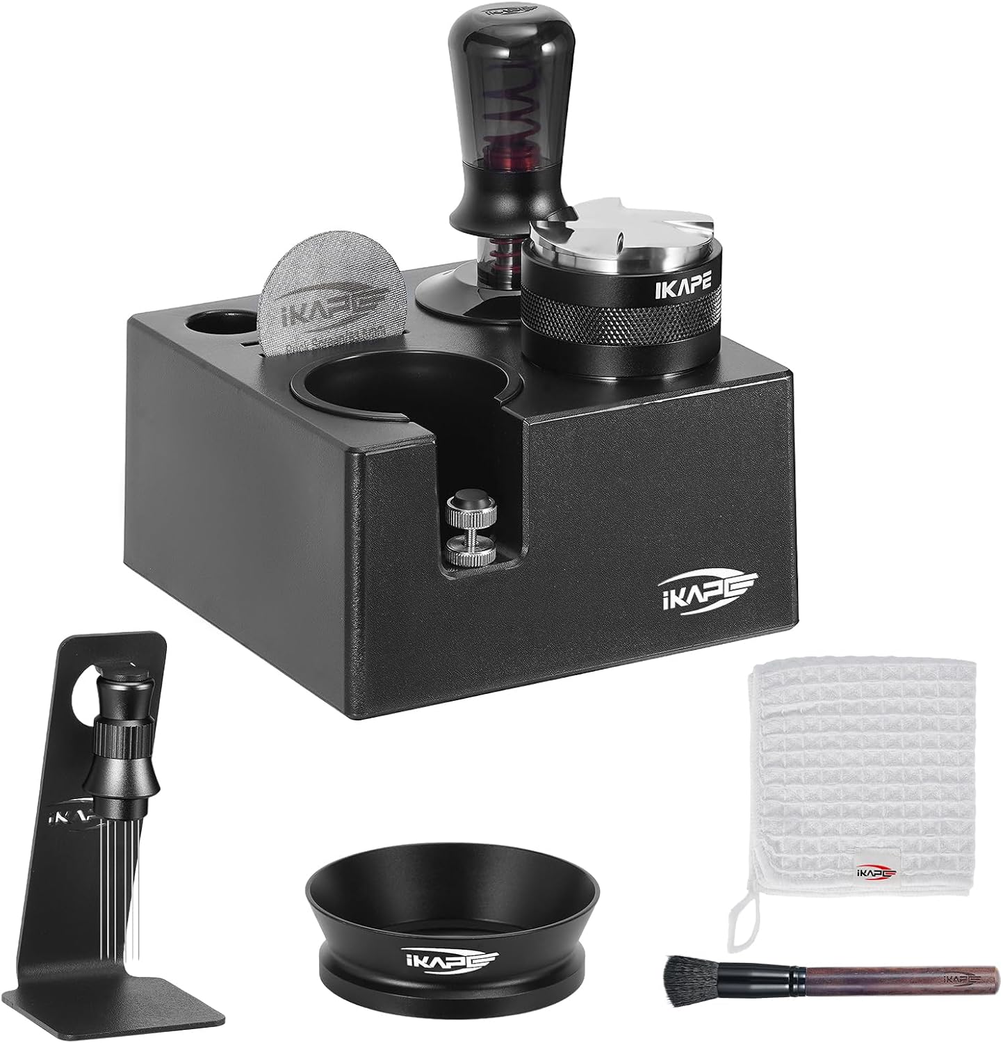 IKAPE 58mm Black Espresso Tool Set 8 IN 1, Coffee Tamper, Distributor, Magnetic Funnel, Puck Screen,