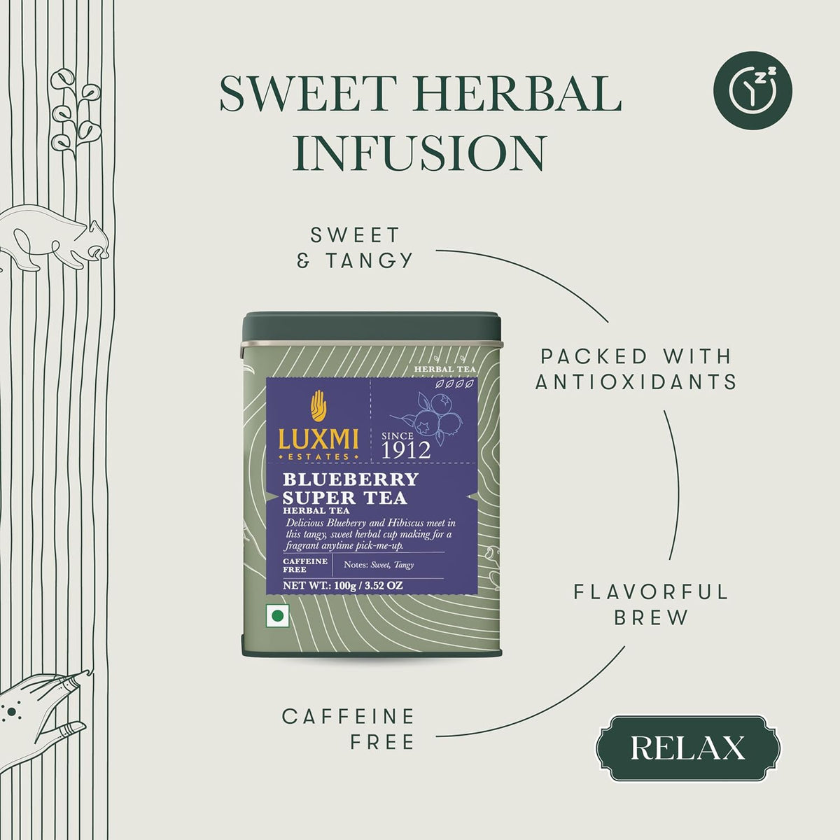 Luxmi Estates Blueberry Super Herbal Tea | Loose Leaf in Resealable Tin Caddy, 100g (3.5oz, ~50 Cups) | Caffeine-Free Fruit Herbal Infusion with Real Blueberry Bits, Hibiscus, Rosehips, Lemongrass, Orange Peel, Licorice, Lemon Balm &amp; Cinnamon