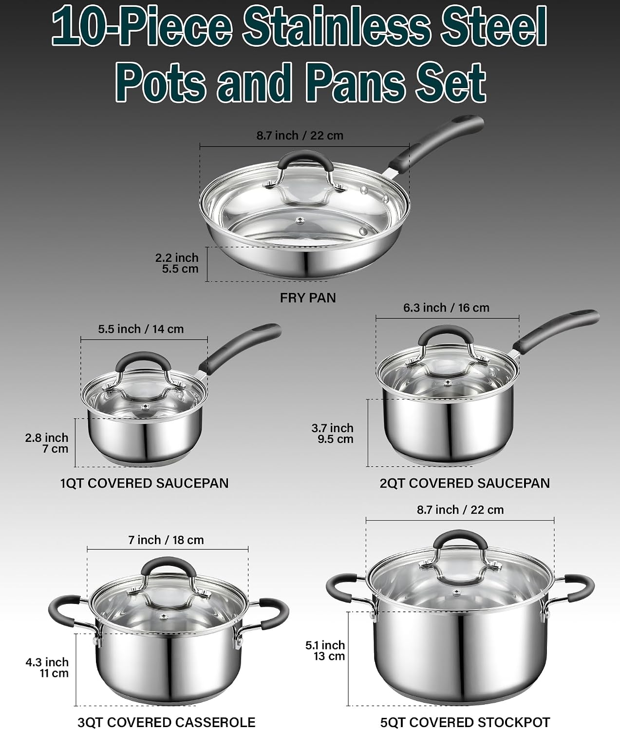 Cook N Home Professional Stainless Steel Cookware Set, 10-Piece | Pots and Pans Kitchen Cooking Set with Stay-Cool Handl