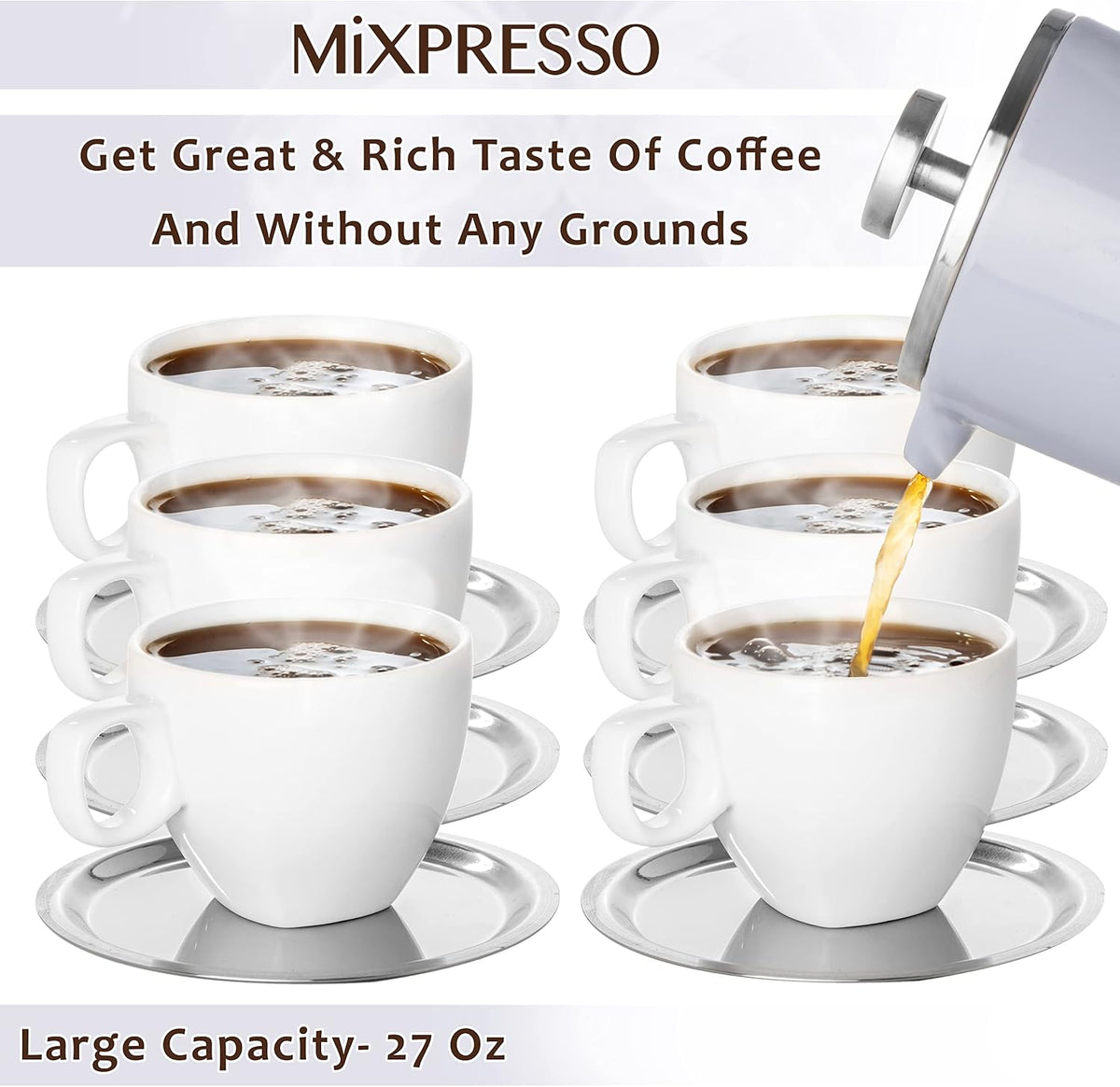 Mixpresso French Press Coffee Maker, 26 Oz Stainless Steel Coffee Press | Double wall insulated stainless steel French Press with durable filter for coffee or loose leaf tea, easy to press and clean