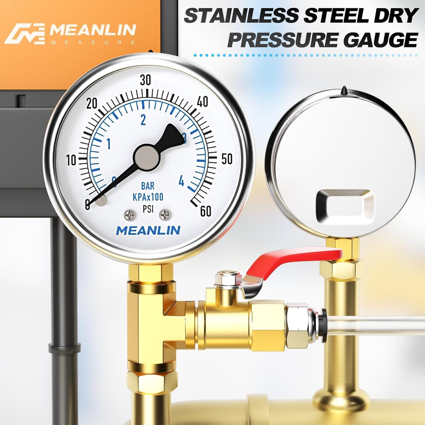 MEANLIN MEASURE 0~60Psi Dry Pressure Gauge Stainless Steel 1/4" NPT 2" FACE DIAL Waterproof for Pool Filter Pump Oil Air Compressor Tire Pressure Tester Lower Mount with 1/2" NPT and 3/8" NPT Hex Bush