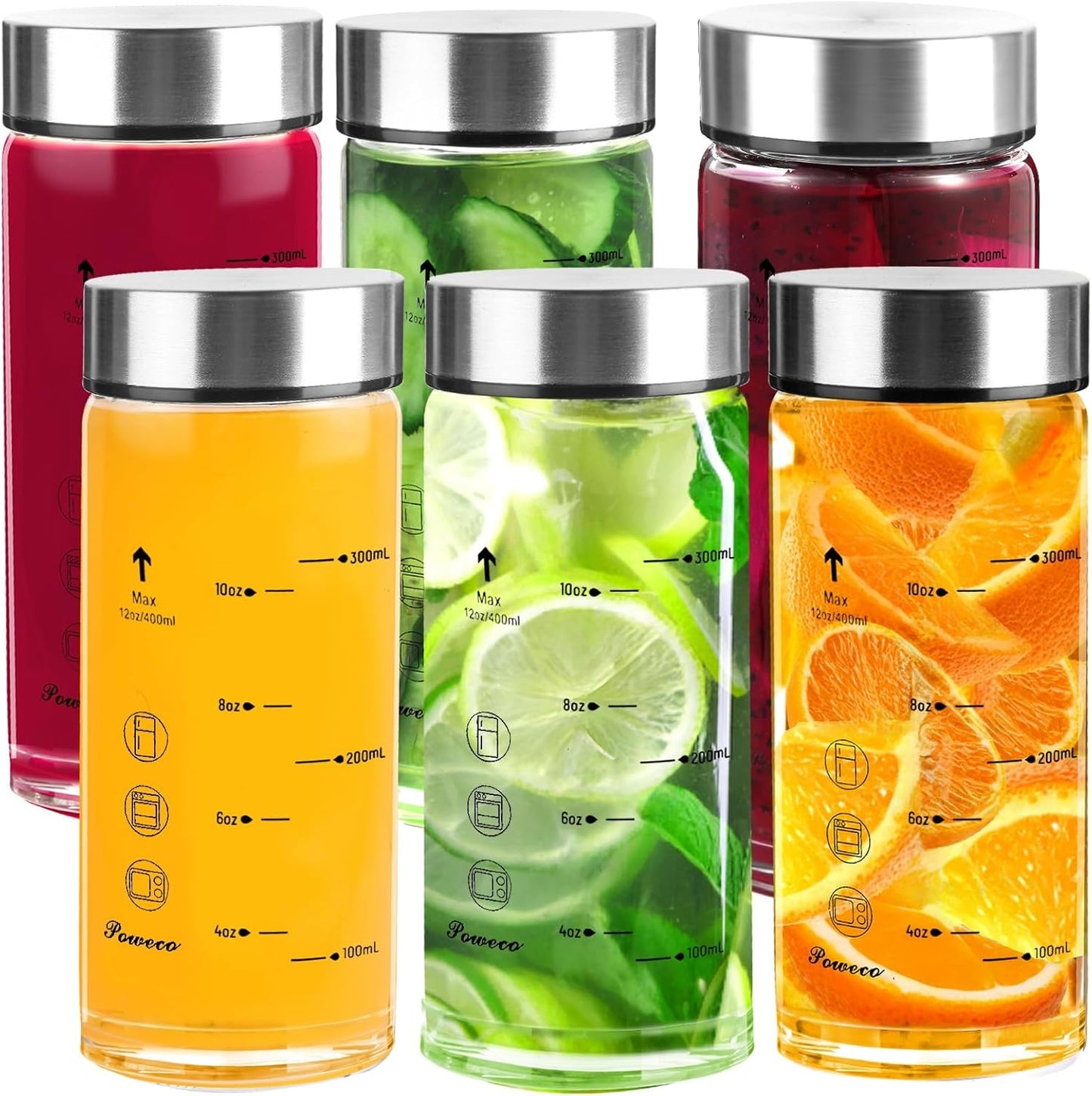 Glass Juice Bottles 6 Pack 12 oz - Wide Mouth Glass Water Bottles with Lids - for Juicing, Protein, 